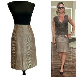 BCBGMaxazria taupe brown python snake print genuine leather pencil skirt Sz 4